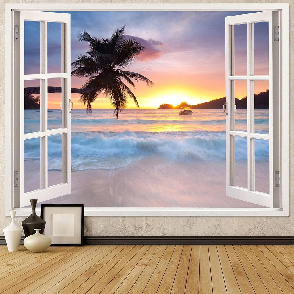 Beach Landscape Tapestry, Tropic Ocean Sea Island Palm Tree Seaside Tapestries For Living Room Summer Window Wall Hanging Island