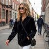 Button Down Coat Women Front Velvet Hoodie, Long Sleeve Hooded Jacket, Soft Outerwear Loose Fit Casual Drawstring for Autumn Winter Apparel