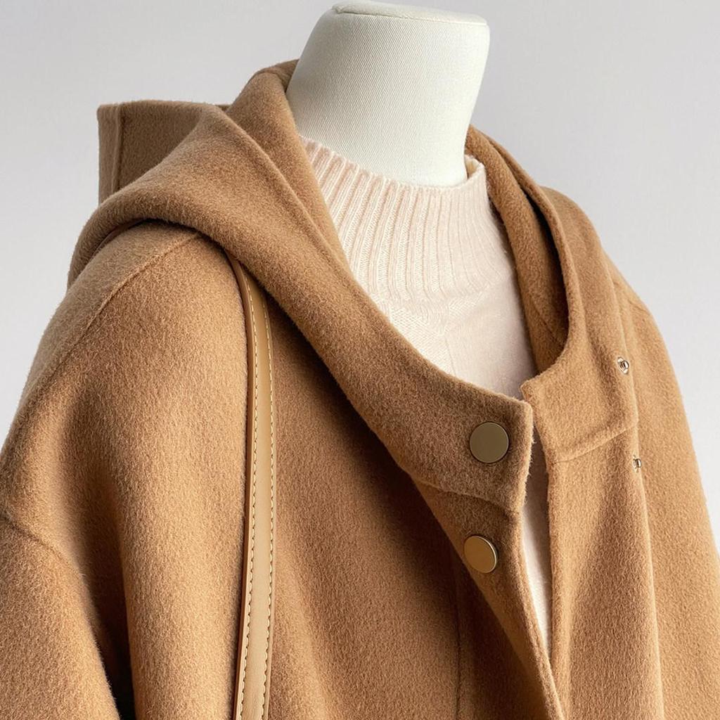 Women's 2025 Autumn Camel Hooded Double-Sided Wool Coat - New Korean Style High-End Overcoat