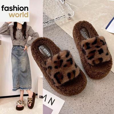 Leopard Pattern Thick-soled Heightening Plush Slippers for Outer Wear Home Fashion New Style Plush Slippers Home Shoes