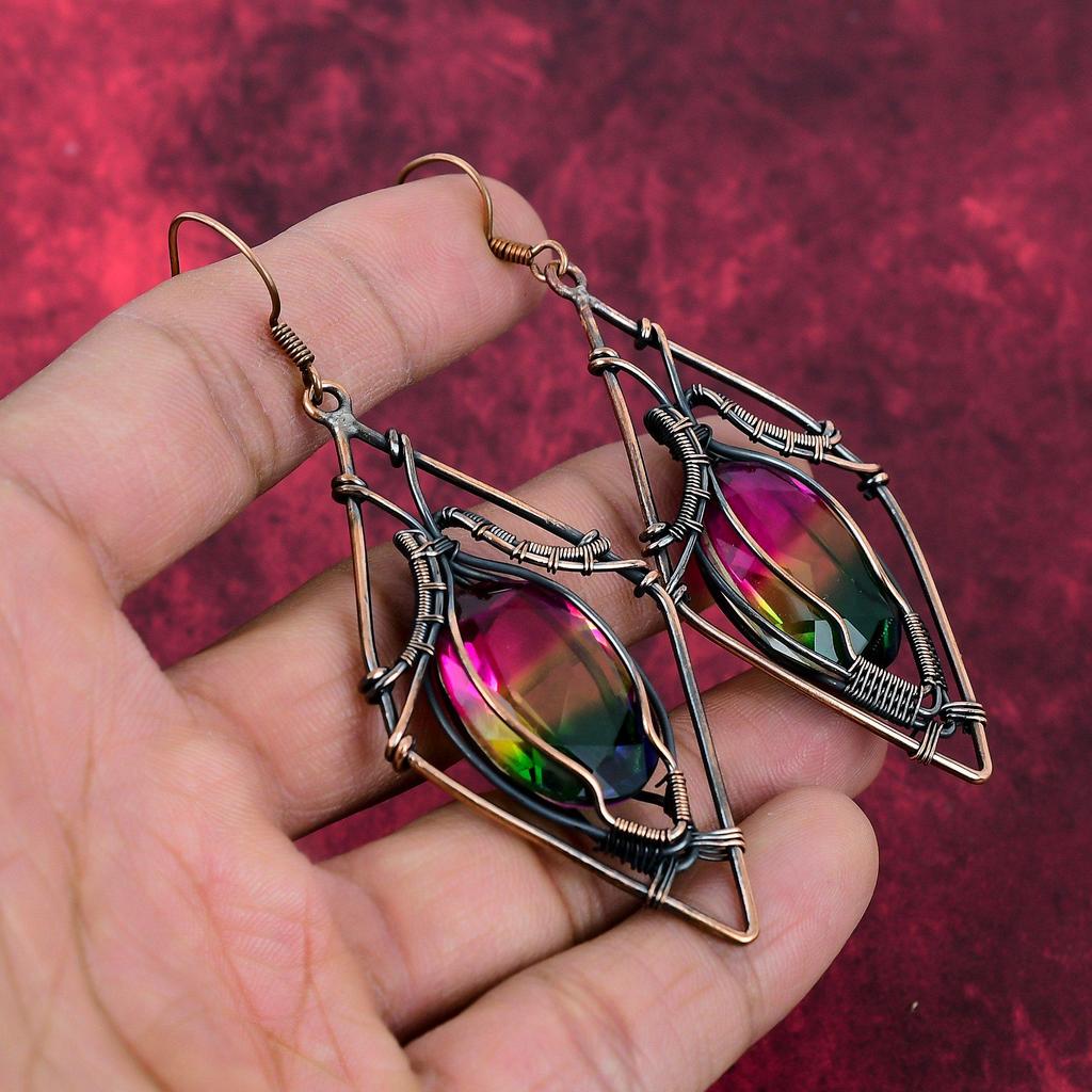 Faceted Multi Tourmaline Earring Copper Wire Wrapped Earrings Handmade Copper Jewelry Gemstone Earring Gifts For Women Wire Wrapped Jewelry