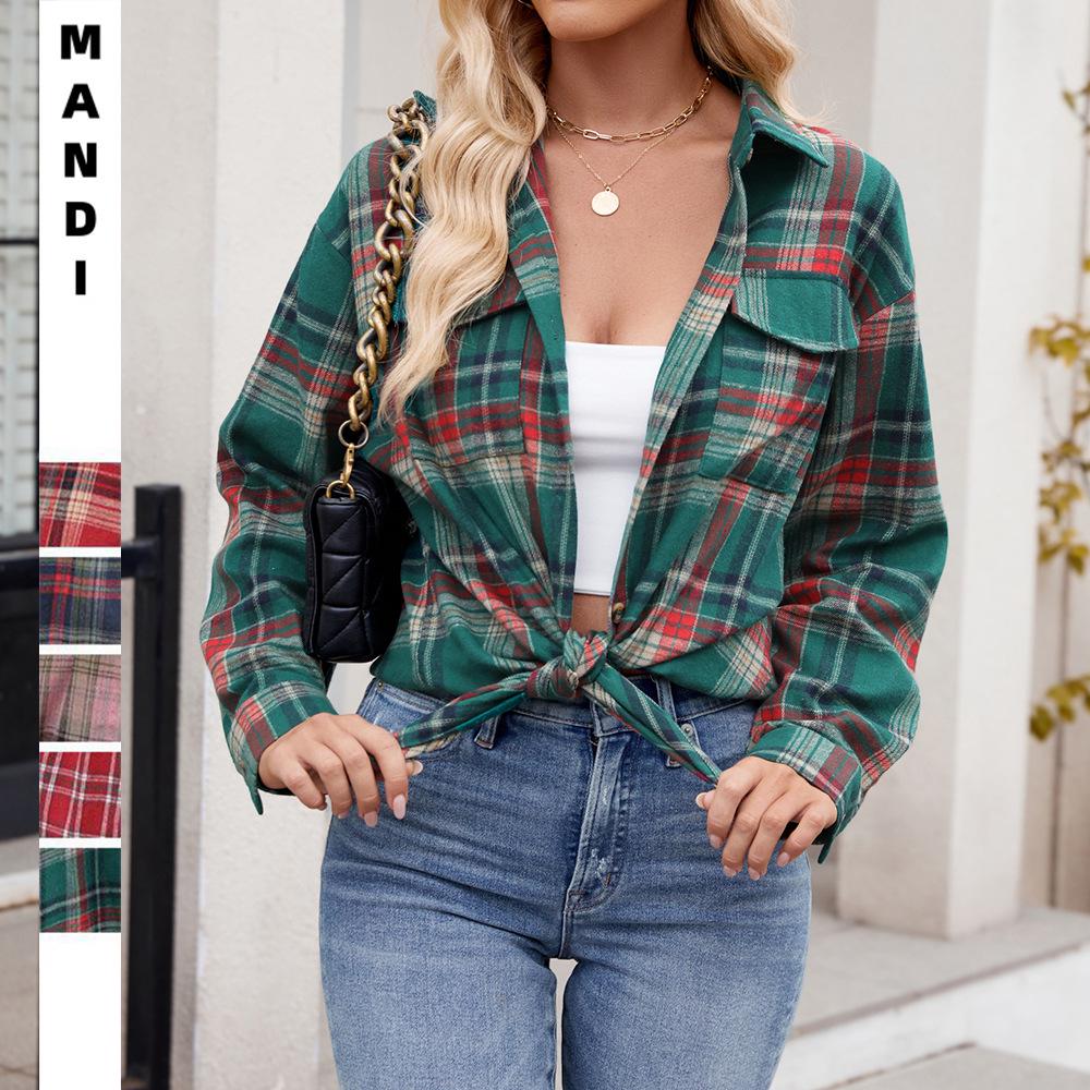2024 Women's Casual Loose Plaid Pocket Shirt - Autumn/Winter European & American Fashion