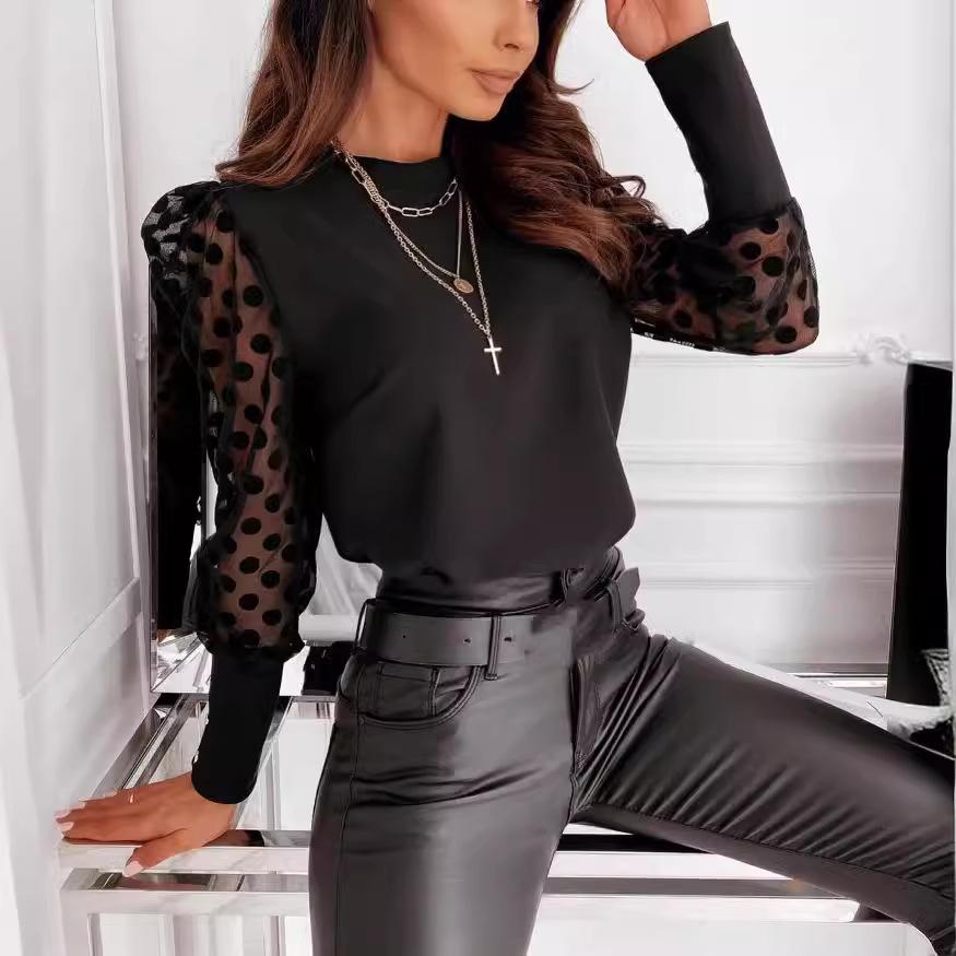 European-American 2025 Spring/Summer Women's Mesh Lace Patchwork Chiffon Long-Sleeve Blouse