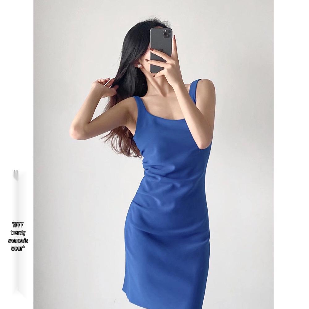 Women's Solid Color Square Neck Sleeveless Pleated Bodycon Summer Dress