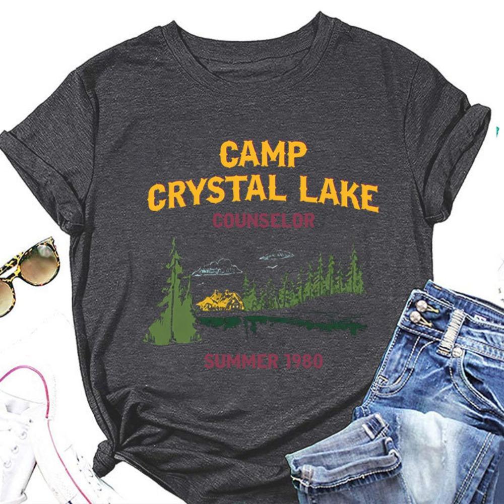 Summer New Women's Short Sleeved T-shirt Camp Crystal Lake Print Loose Round Neck Casual Top Paired with All Fashionable Clothing