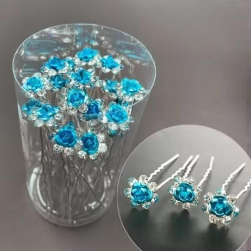 20Pcs/set Women U-shaped Hair Fork Pin Crystal  Rose Flower Hair Clips Rhinestone Hair Stick Wedding Bridal Jewelry Headwear Gift