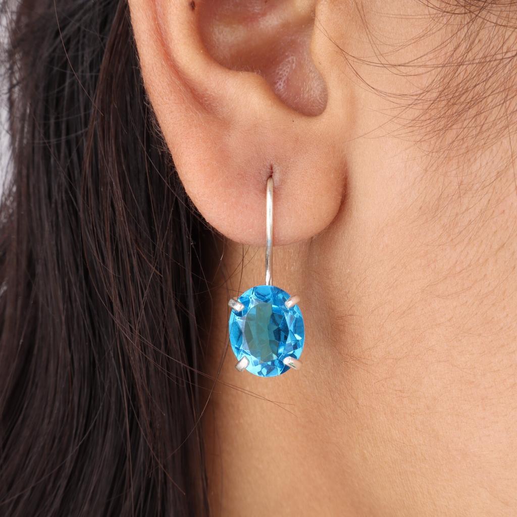 Natural Swiss Blue Topaz Gemstone 925 Sterling Silver Jewelry hook Earrings1.05" EE-173-15