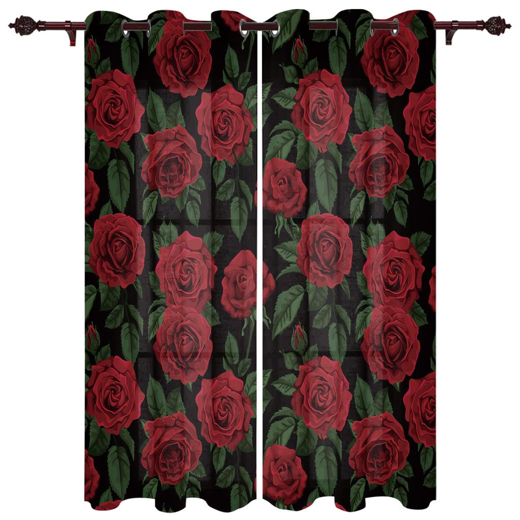 Rote Rose Blume Schwarze Luxusvorhänge für Wohnzimmer Fensterdekoration Vorhang für Schlafzimmer Heimdeko