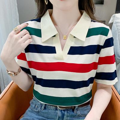 Camisa Polo para Mulheres No Verão Camiseta Listrada de Manga Curta para Mulheres Em Novo Estilo para Mulheres No Verão Vestido, Top Elegante Redutor de Idade Slim com Lapela