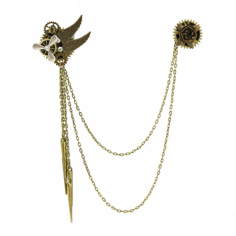 

Винтажная брошь-булавка с заклепками, бахромой и цепочкой, стразы, для костюмных аксессуаров и ролевых игр, сплав, металл, statement-брошь 1