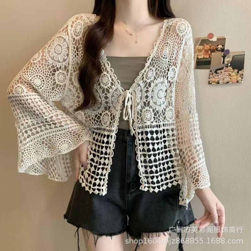 Seaside Retro Vacation Style Sunscreen Knitted Cardigan Women's Summer Hollow Crochet Loose Casual Niche Chic Top