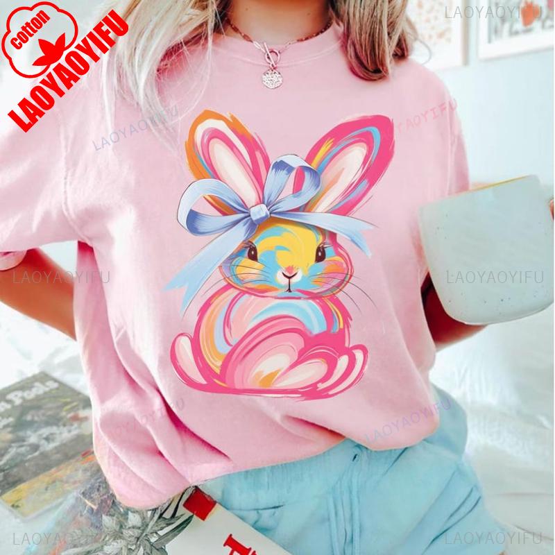 Brushstroke Bunny Easter T Shirt Kawaii Women Short-sleev Tee-shirt Retro Style Streetwear Fashion Casual Cotton Tops Ropa Mujer