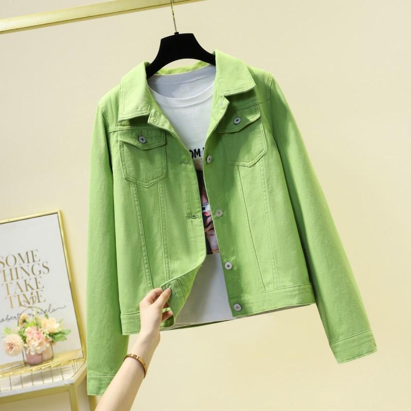 

Женская джинсовая куртка на весну и осень, повседневная короткая джинсовая куртка, женская корейская версия, однотонная куртка, одежда XXXL зелёный