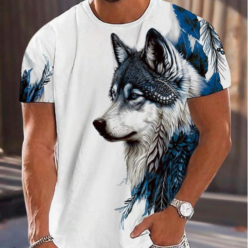 Новая летняя мужская модная футболка с принтом волка, мужская футболка, топ L синий