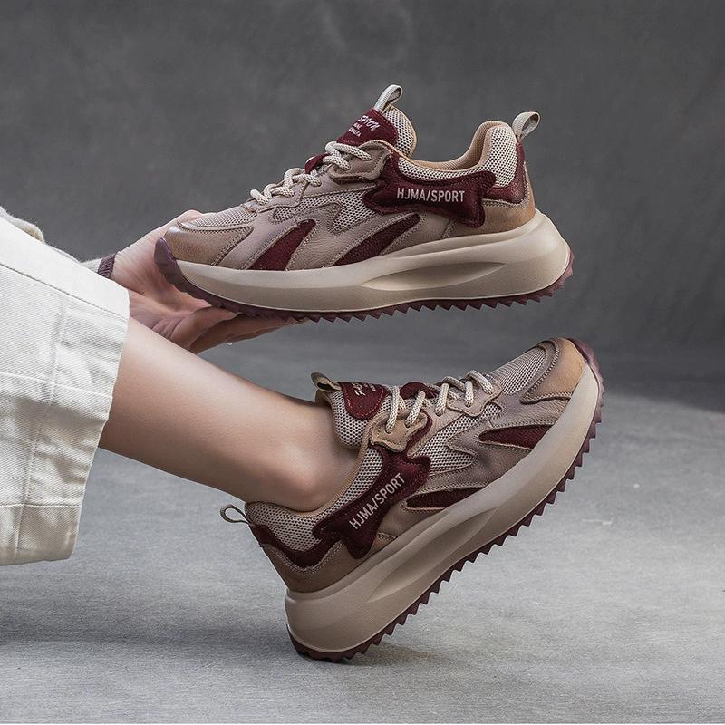 GKTINOO Women Genuine Cow Leather Sneakers Thick Soled Lace-Up Spring Autumn Lady Casual Flat Shoes Lightweight Women Shoes