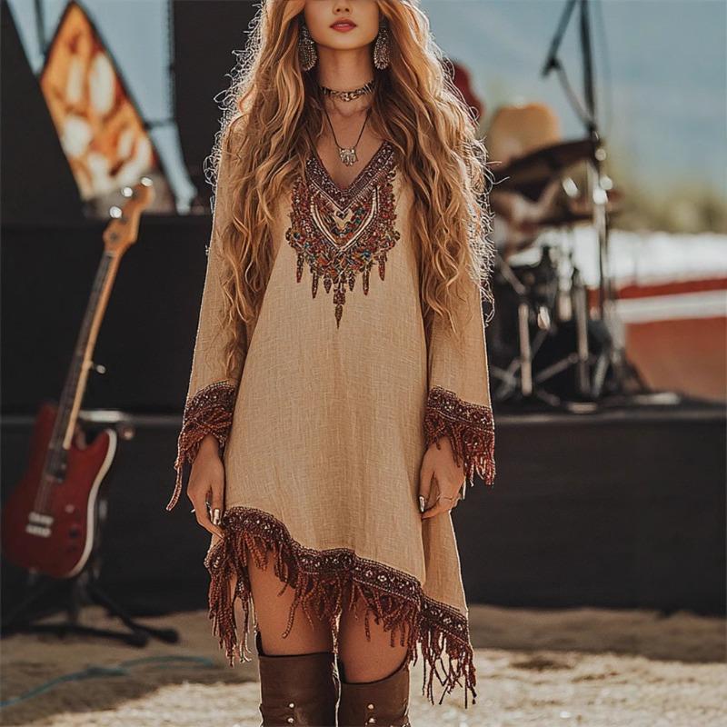 Women's Dress Autumn Fashion V-neck Tassel Cuffs Hem Loose Print Dresses