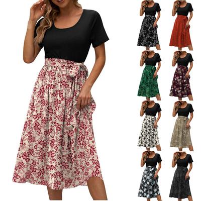 Midikleider Damen Blumendruck Patchworkkleid Kurzarm Rundhals Bequemes Alltagspartykleid