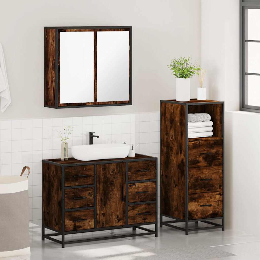 3 Piece Bathroom Furniture Set Smoked Oak Wood Based Material