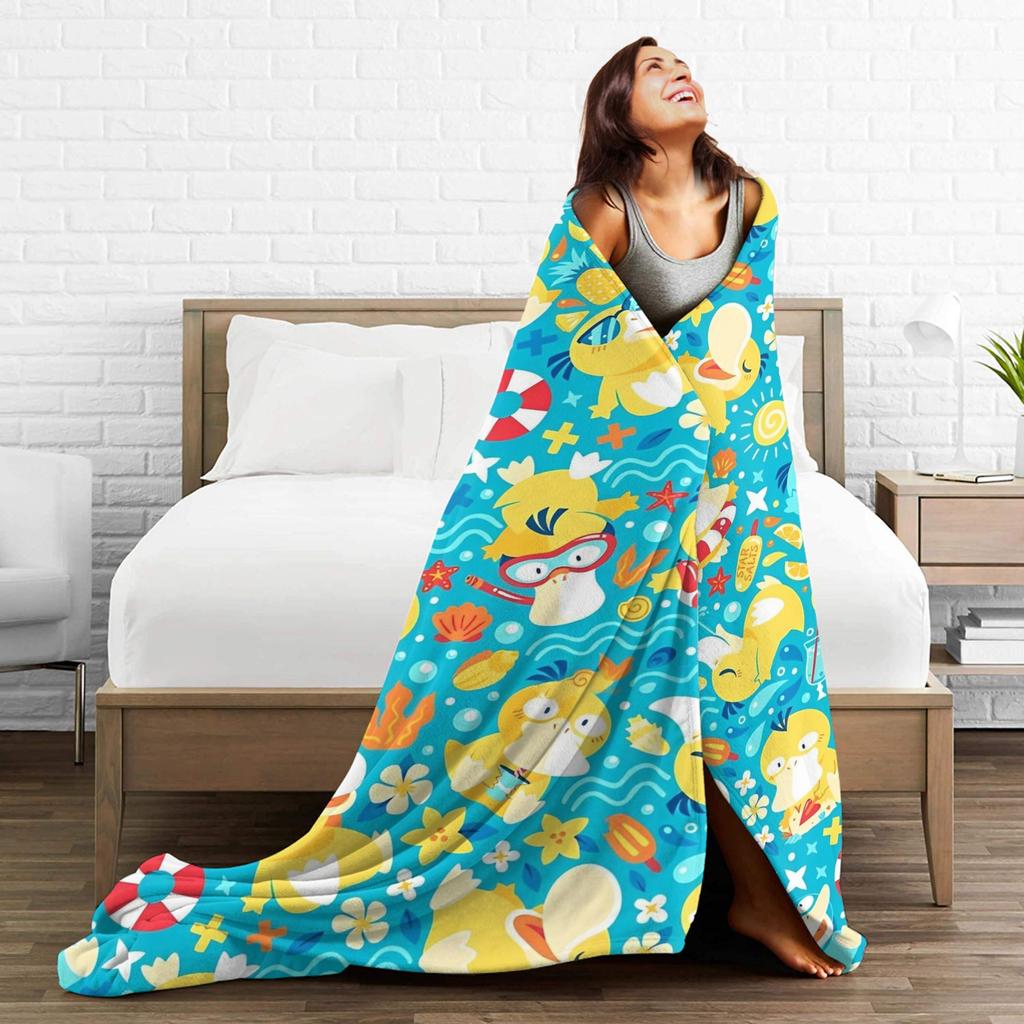 Warm Blanket Travel Office Manga Psyduck Printed Throw Blanket Pokemoned Flannel Bedspread For Outdoor Funny Sofa Bed Cover