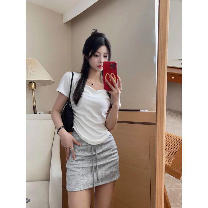 

Women s White Ruched Waist Square Neck Slim Fit T-Shirt Medium белый