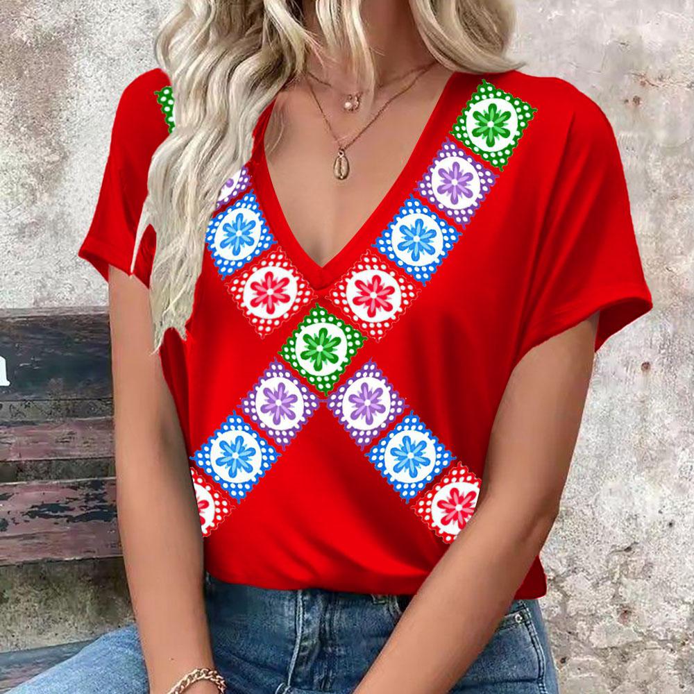 

Летняя женская футболка с этническим принтом, в стиле ретро, повседневная, оверсайз, с V-образным вырезом, с коротким рукавом, топы, женская одежда 3XL
