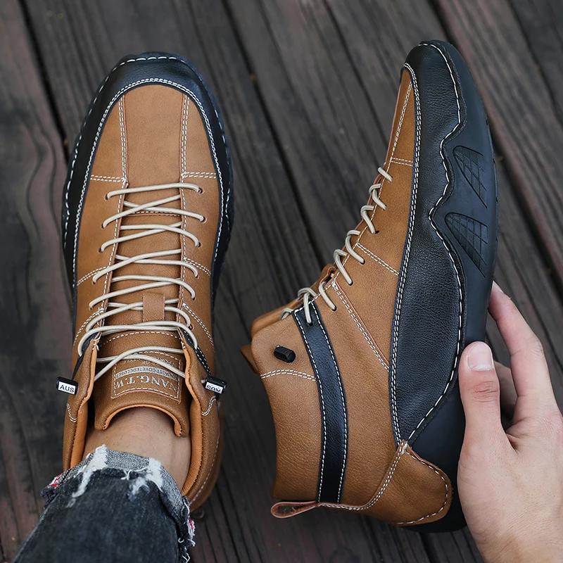 

Fashion 2025 New PU Leather Sports Shoes for Men s Spring and Autumn Ankle Boots Retro Fashion Lightweight Shock-absorbing Running Shoes 39 коричневый