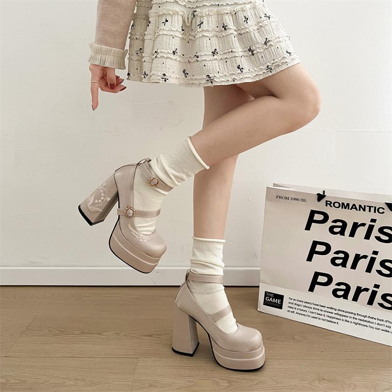 Fashion Spring New Mary Jane Single Shoes Women's Round Head Shallow Bow Thick Sole Anti-slip Wear-resistant High Heels