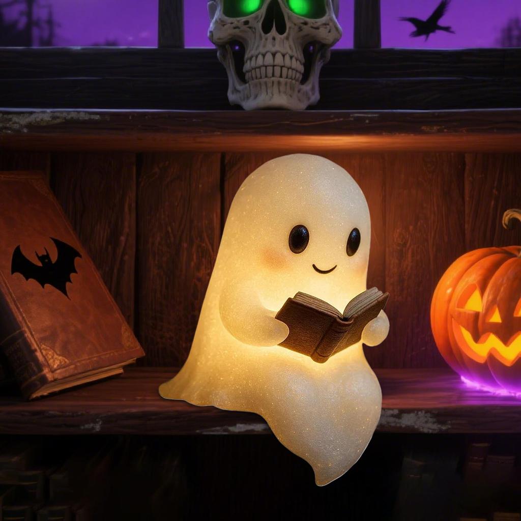 Cute Ghost Reading Lamp LED Sitting Ghost Reading A Book Night Light For Halloween Bathroom Bedside Decoration