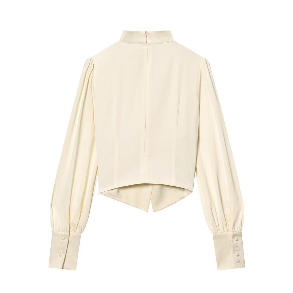 European-American Women's Fashion V-neck Halter Waist-Cinching Patchwork Long-Sleeve Shirt
