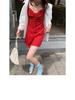 Retro Spicy Girl Red Pleated Spaghetti Strap A-Line Mini Dress - Women's Summer Vacation Slimming Waist Style