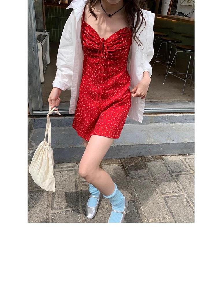 Retro Spicy Girl Red Pleated Spaghetti Strap A-Line Mini Dress - Women's Summer Vacation Slimming Waist Style