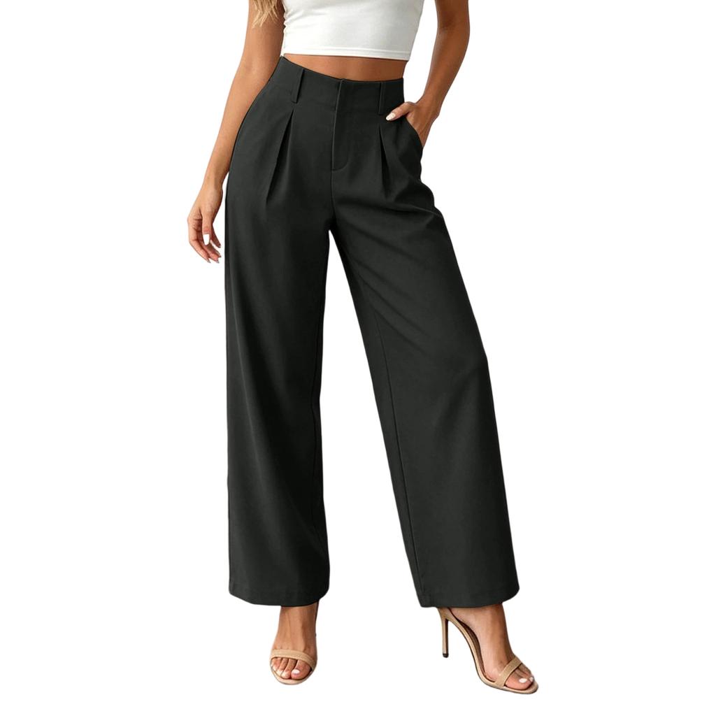 High Waist Wide Leg Trousers for Women Relaxed Fit Pleated Front Pants with Pockets Suitable for Daily Office Wear