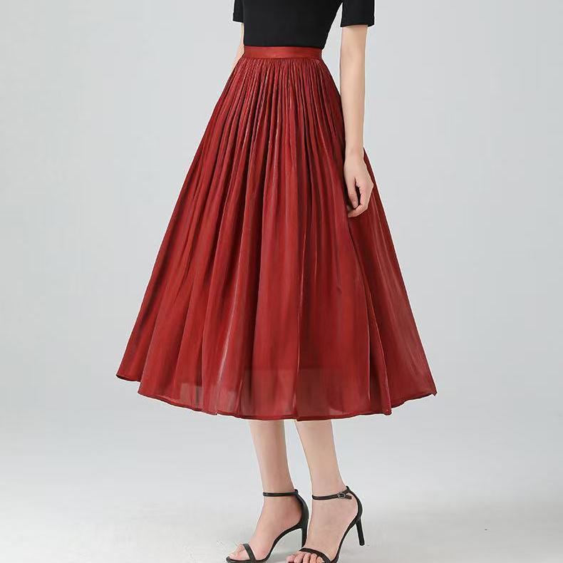 Damen Weinrot Fließender Chiffon Midi-Rock - Hochtaillierter Plissee-Schirmrock mit Elegantem Glanz