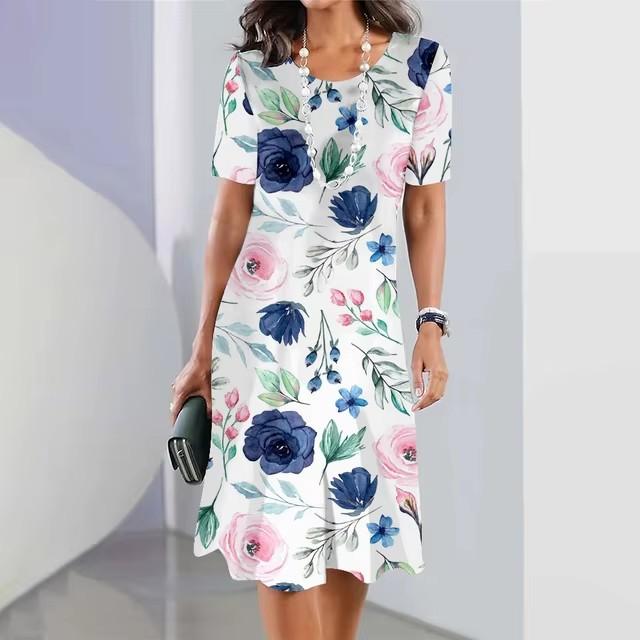 Elegant Women Short Sleeve Fashion 3d Print Midi Dress Plus Size Beach Clothing