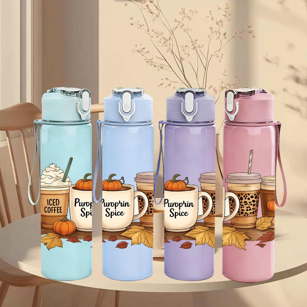 1PC Autumn Pumpkin Latte Cups 750ml Color Plastic Sports Water Bottle Leakproof Flip Straw Lid Suitable for Sports Office Home Use