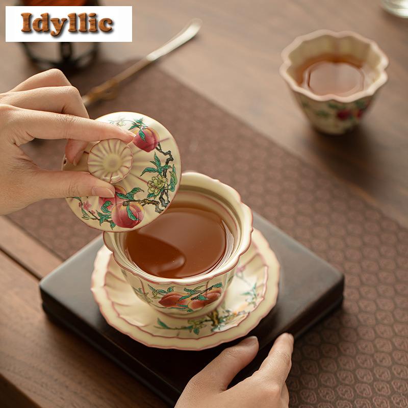 170ml Ru Kiln Lard Jelly Hand Painted Peach Gaiwan Boutique Tea Tureen Cover Bowl Tea Bowl With Lid Kit Tea Maker Cha Collection