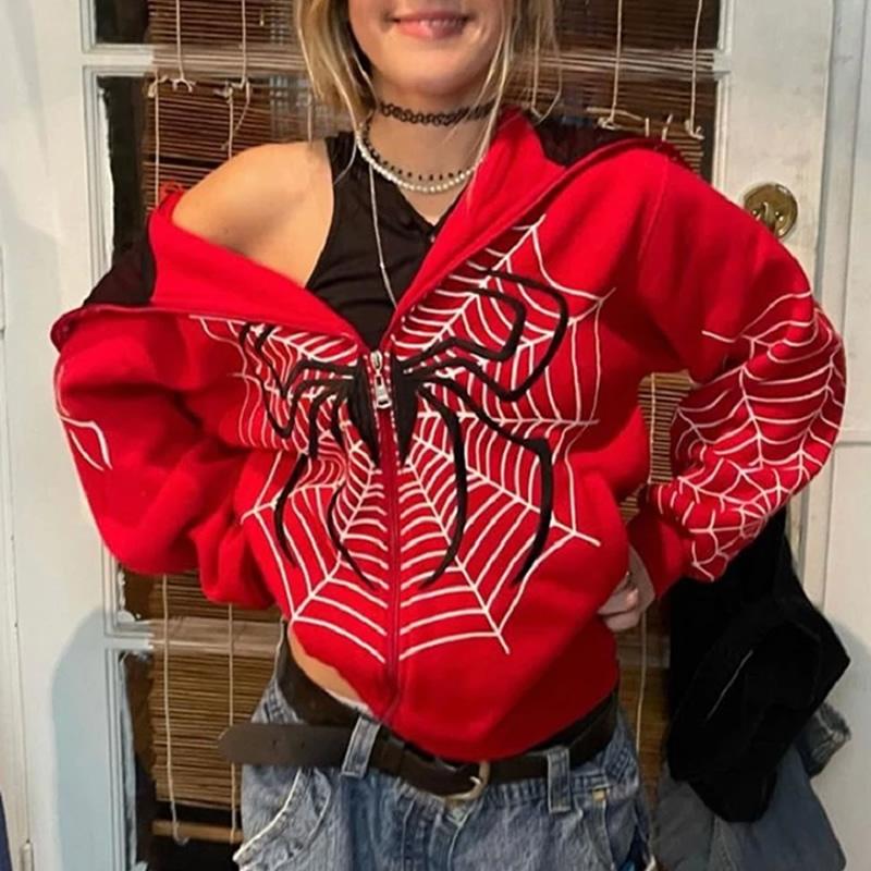 Y2k Emo Kadın Streetwear Hoodie Örümcek Web Kırmızı Fermuarlı Kapüşonlular Grunge Büyük Boy Kazak Gotik Harajuku Alt Ceketler Giysileri