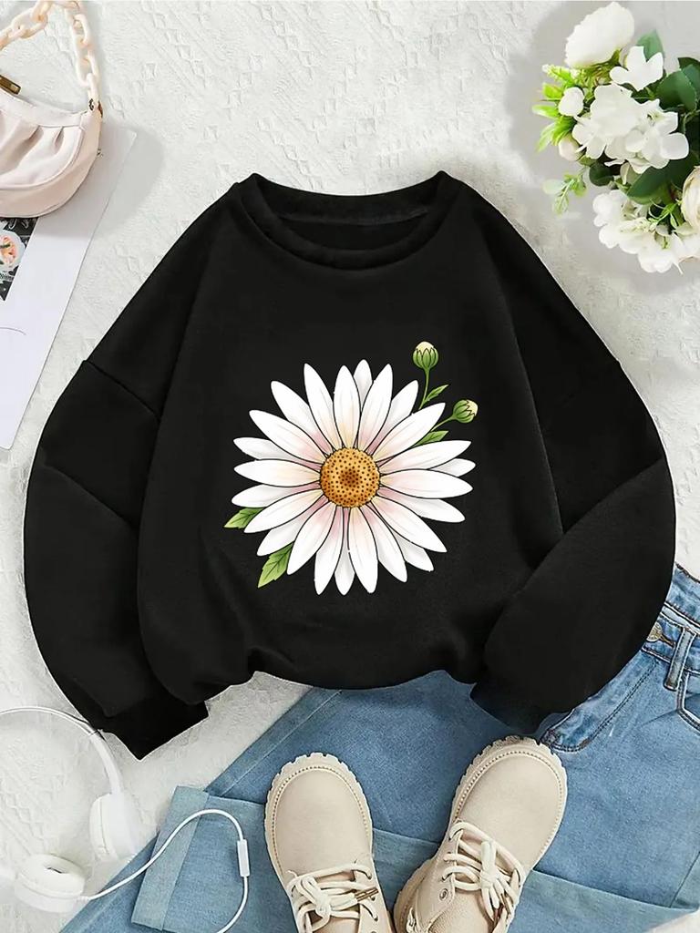 Crewneck Sweatshirt for Girls Featuring a Daisy Design with Green Leaves And Buds. It'S Machine Washable