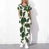 Women Plus Size Cutout Neck Short Sleeve Ginkgo Leaf Printed Scrub Set White Green Pocket Top Long Pants Two Piece