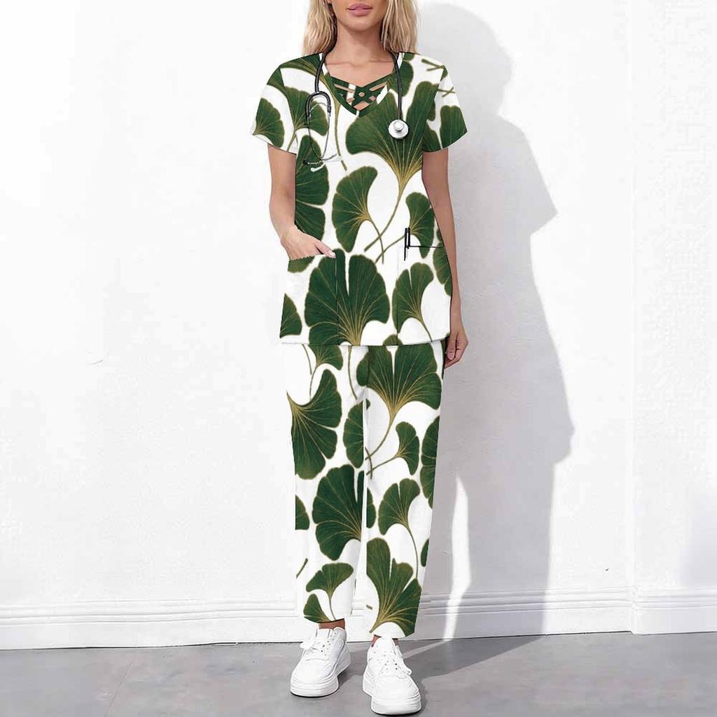 Women Plus Size Cutout Neck Short Sleeve Ginkgo Leaf Printed Scrub Set White Green Pocket Top Long Pants Two Piece