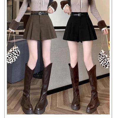 Women's A-line Pleated Woolen Skirt-Shorts, High Waist, Coffee Color, for Autumn/Winter 2025.