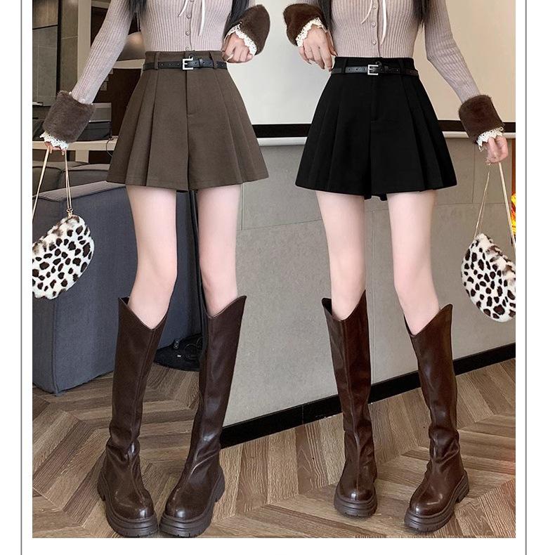 Women's Coffee Wool A-line Pleated High Waist Skirt Shorts for Autumn/Winter 2025