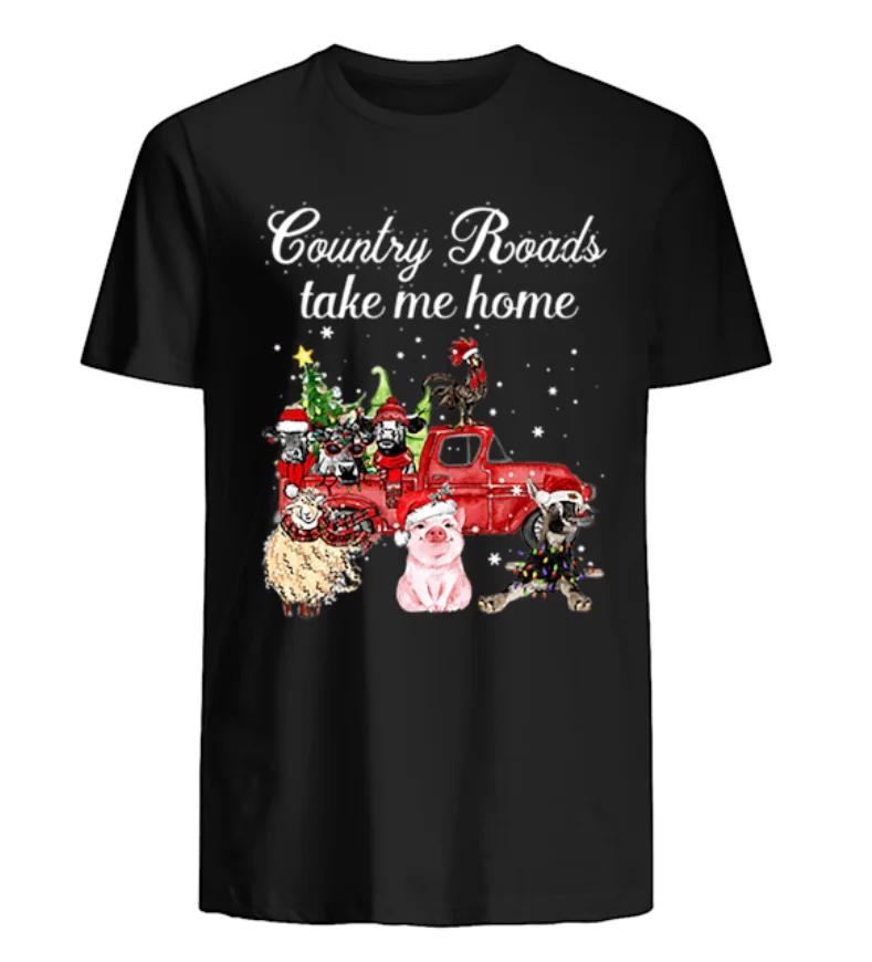 Country Roads Christmas Cows Sheep Chicken Pig Donkey Farm Xmas Gift T-Shirt 100% Cotton O-Neck Short Sleeve Casual Mens T-shirt
