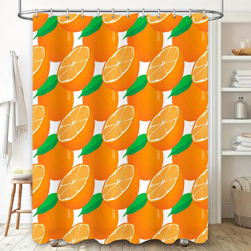 Bright Orange Shower Curtain With Green Leaves Pattern Decorative Waterproof Fabric Bathroom Accessories For Home Decoration (18