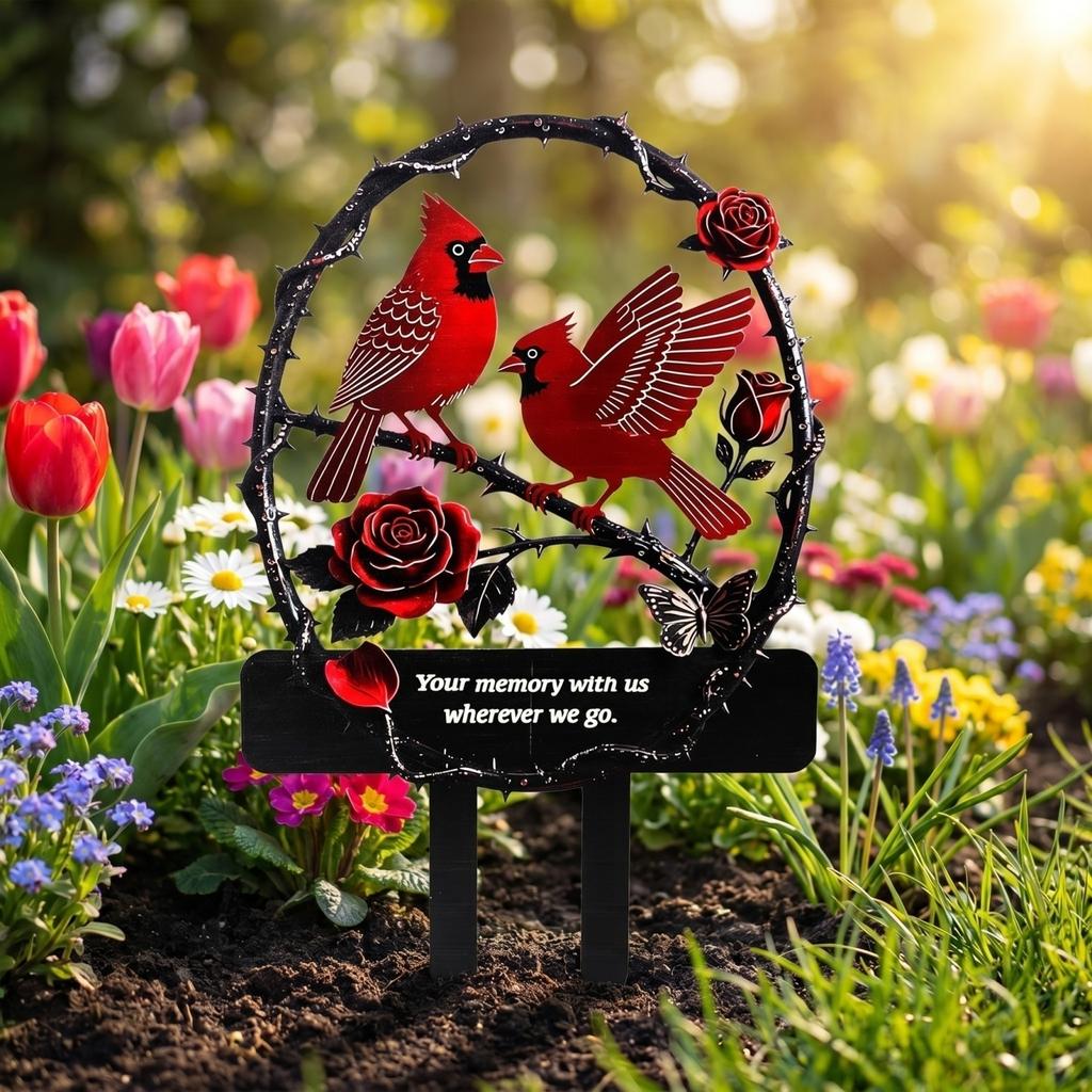 Memorial Garden Stake with Cardinal Bird and Rose Design for Cemetery Graveyard Remembrance Outdoor Decoration