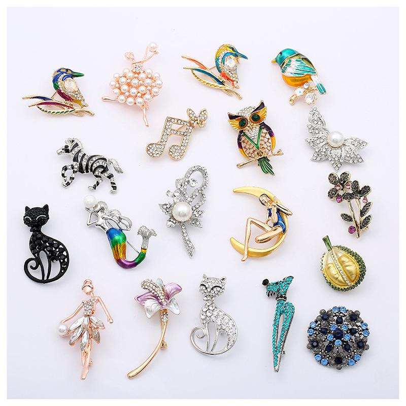 Broche animal incrustée de perles – Bijou de corsage en alliage style dessin animé en forme de goutte d'huile pour femme