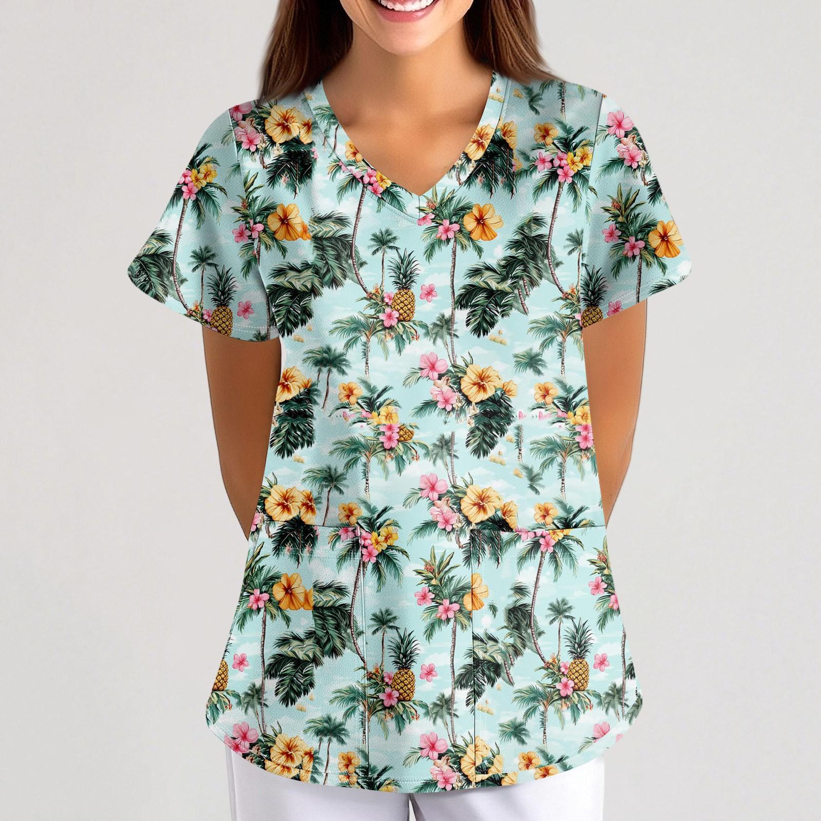 

Робоча уніформа з друкованим малюнком великого розміру Топи для жінок з хрестовим V-подібним вирізом Хеллоуїн з принтом з короткими рукавами Веселі футболки Робочий одяг Футболка з кишенями XXXXXL ціан