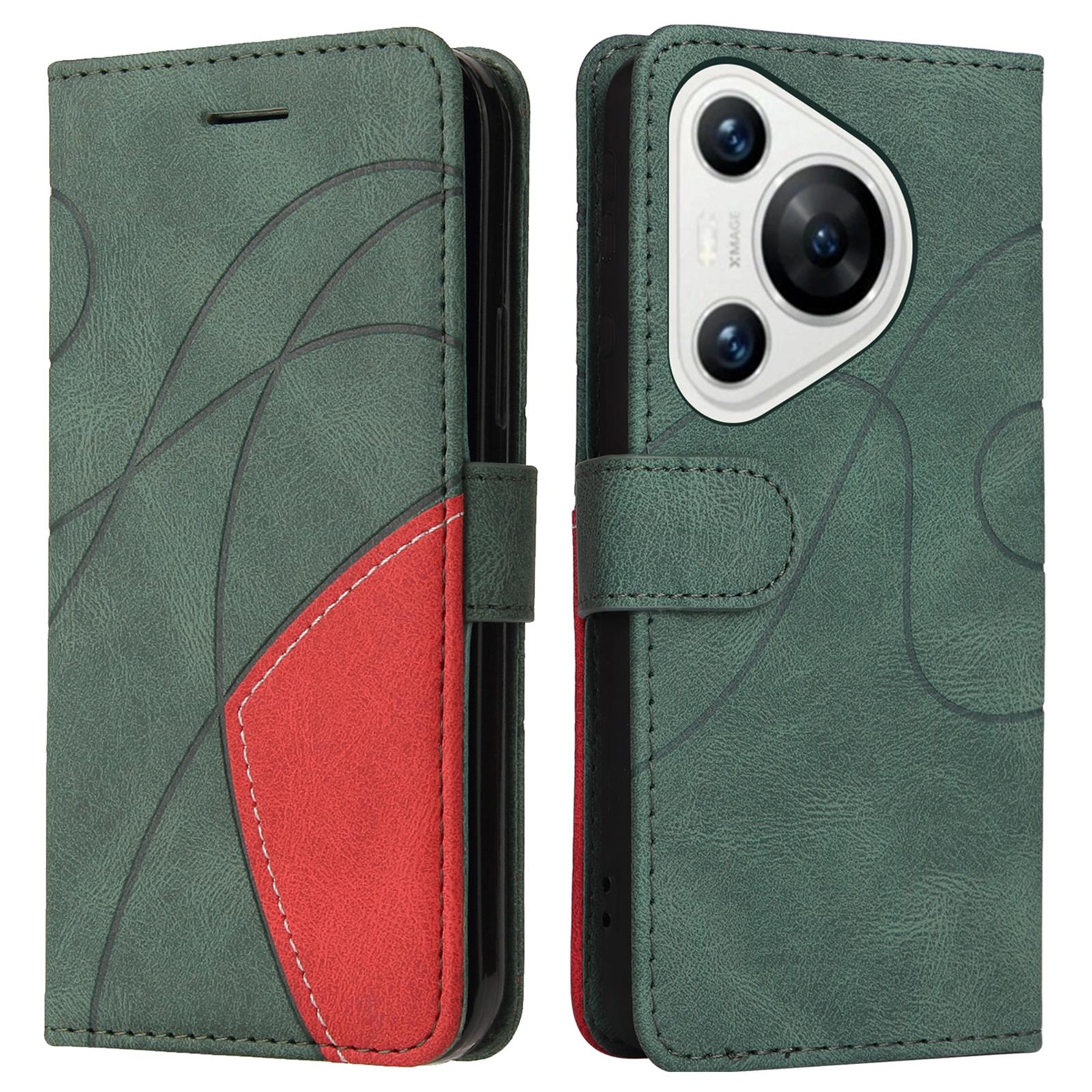 

For Huawei Pura 70 Leather Case Wallet Stand Color Splicing Phone Cover Green