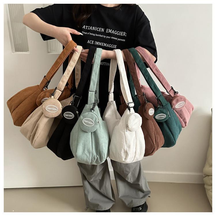 Fashionable Korean Style Corduroy Large Capacity Tote Bag With Adjustable Shoulder Strap