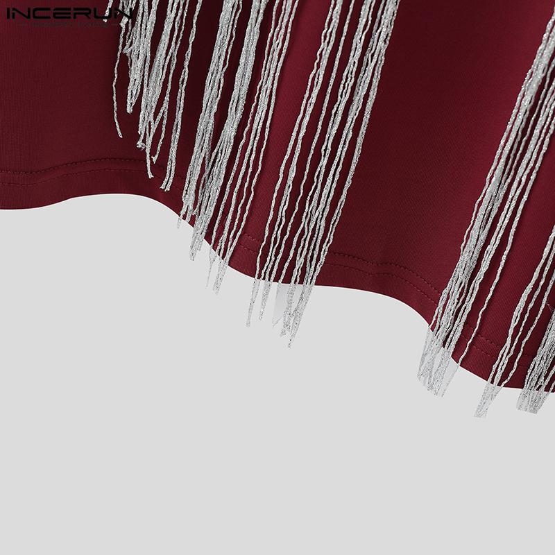 INCERUN Men Long Sleeve Glitter Tassel Patchwork Casual Fitted T-shirts Tops